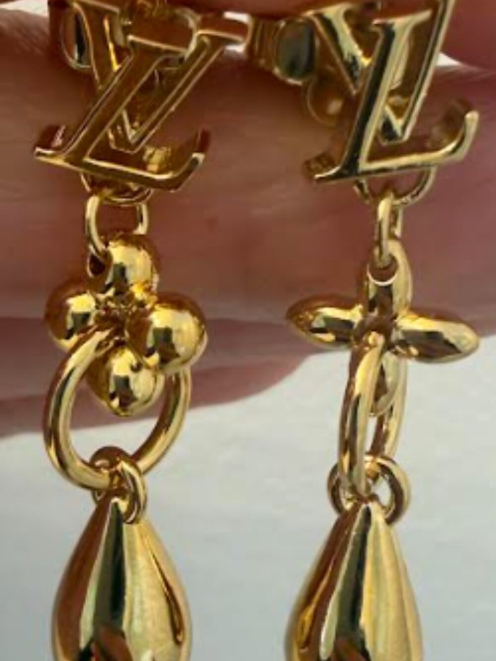 Louis Vuitton Gold LV Monogram Flower Drop Earrings